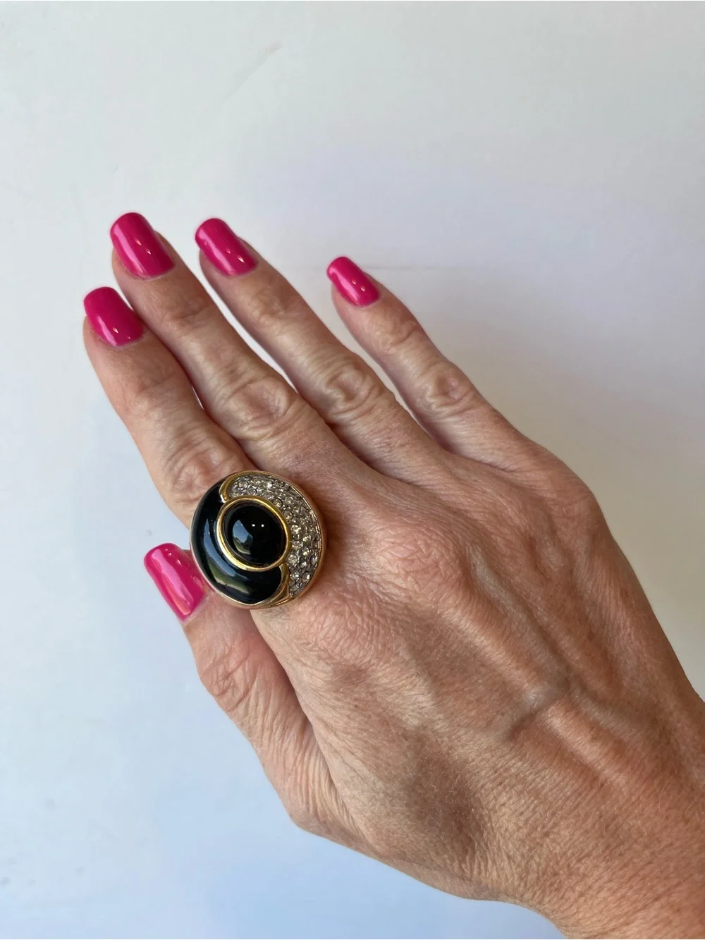 Vintage 18K HGE Gold Tone Black Enamel Rhinestones Statement Cocktail Ring